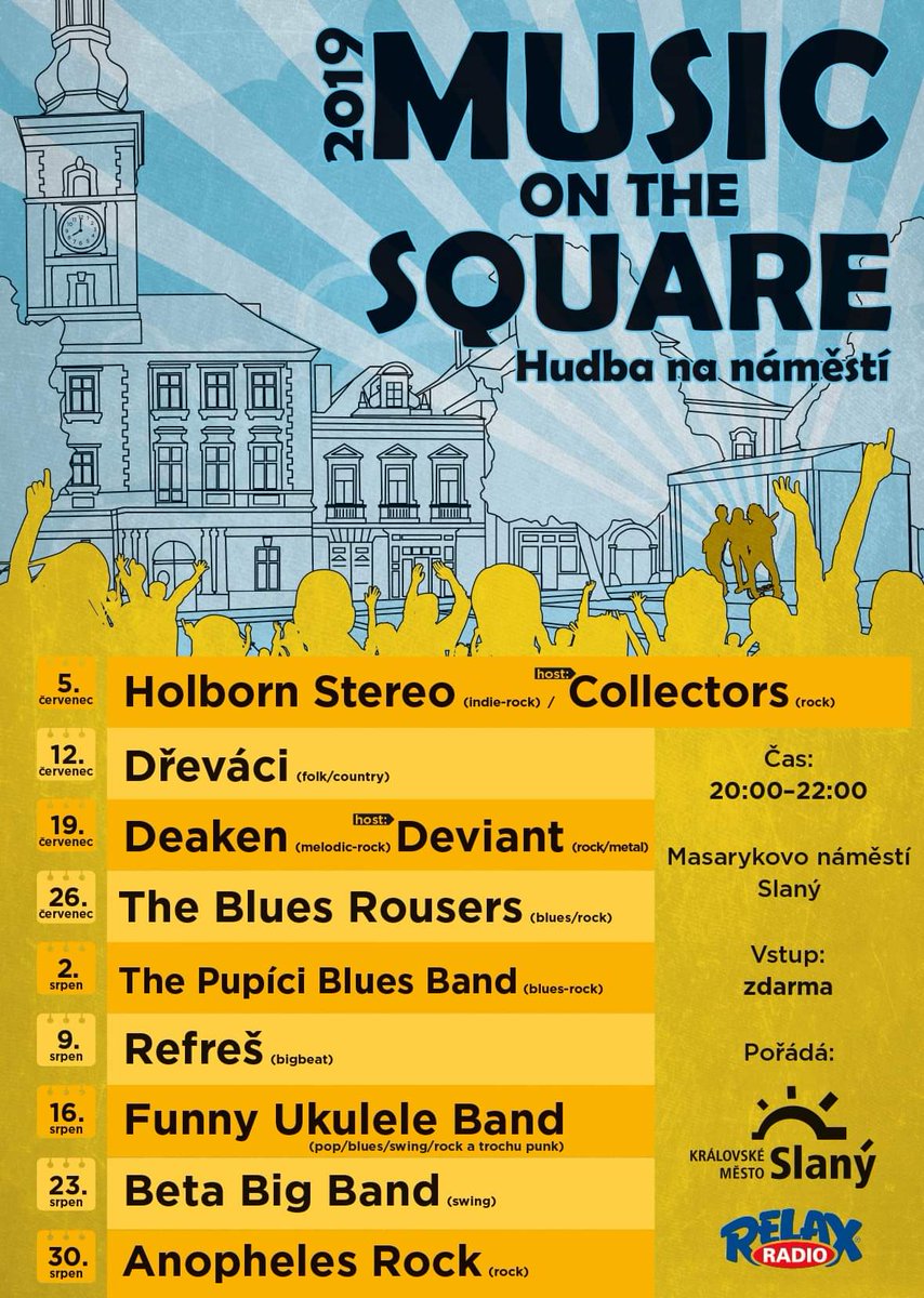 HolbornStereoCZ's tweet photo. Právě nám dorazil plakát na 'Hudbu na náměstí' ve Slaném. Vystoupíme na tomhle úžasném místě s #Collectors v pátek 5. července 2019. Vstup #zdarma.

#koncert #hudba #HudbaNaNamestiSlany2019 #zivahudba #Slany https://t.co/WR3nJsIZD8