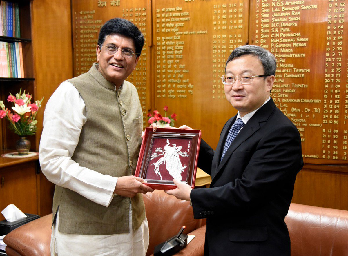 PiyushGoyal's tweet photo. Had a meeting with China’s Vice-Minister of Commerce, Wang Shouwen and discussed bringing a trade balance between the two nations, clamping down on market distorting trade practices and boosting Indian service exports. https://t.co/sl8keLUSo6