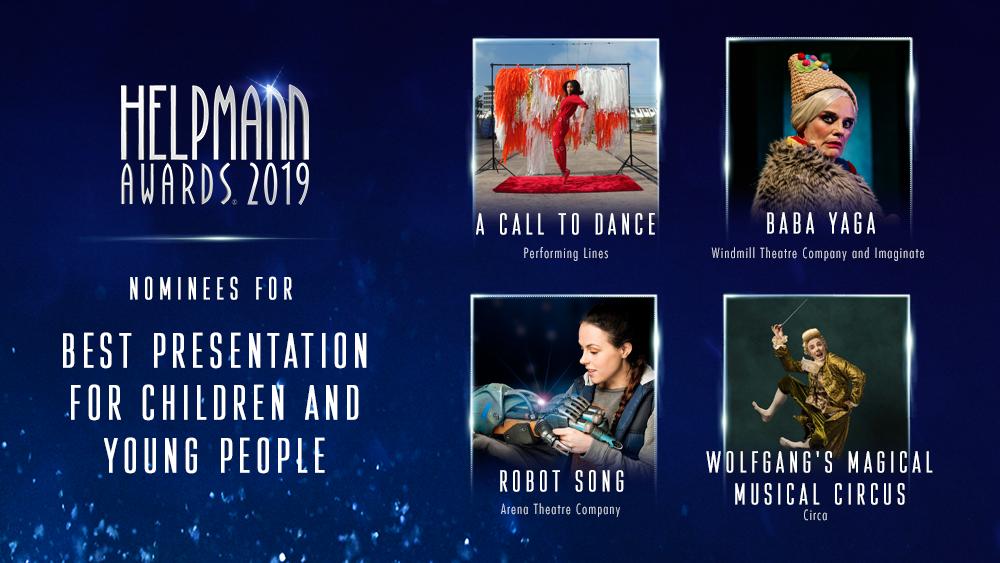 Helpmann Awards (@helpmannawards) on Twitter photo Best Presentation for Children and Young People nominees:
A Call to Dance - @performinglines
Baba Yaga - <a href="/WindmillTheatre/">Windmill Theatre Co</a> & Imaginate
Robot Song - <a href="/arenatheatreco/">Arena Theatre Co</a>
Wolfgang's Magical Musical Circus - <a href="/CircaPresents/">Circa</a>
#Helpmanns Best Presentation for Children and Young People nominees:
A Call to Dance - @performinglines
Baba Yaga - <a href="/WindmillTheatre/">Windmill Theatre Co</a> & Imaginate
Robot Song - <a href="/arenatheatreco/">Arena Theatre Co</a>
Wolfgang's Magical Musical Circus - <a href="/CircaPresents/">Circa</a>
#Helpmanns
