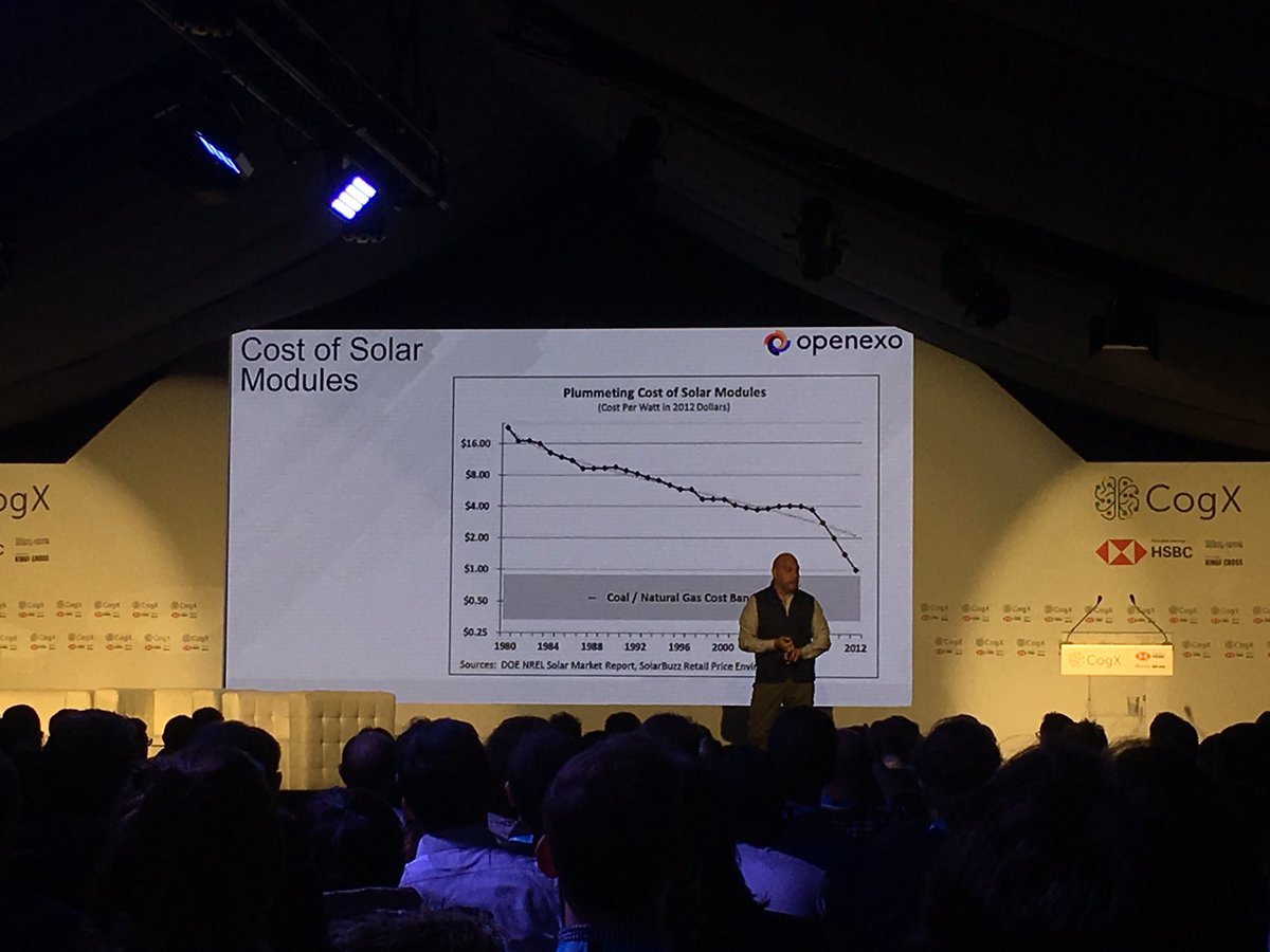 MattColeWorks's tweet photo. Cost of solar energy is dramatically falling while production is rapidly increasing. Some optimistic forecasts about approaching the end of scarcity from @salimismail at #CogX2019. But who will be owning and distributing the energy? The services? What politics underlies this? https://t.co/Mw2cDGLxwq
