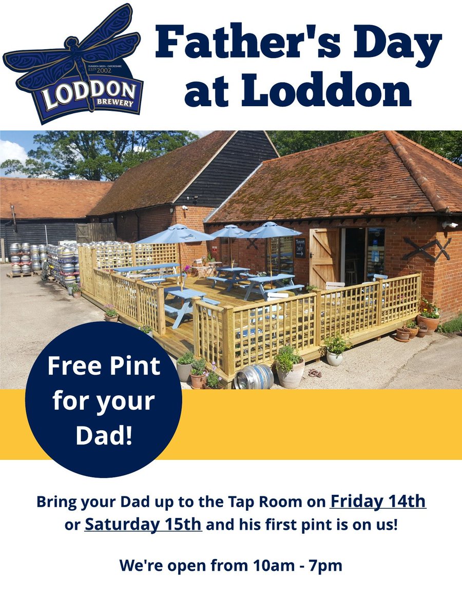 Loddonbrewery's tweet photo. Dads are important, right?
We think so - and we think they deserve a beer this #FathersDay weekend 🍻
So bring your dad (or step-dad/guardian/father figure/whoever) to the taproom this weekend and their first pint is on us - we're open all day Friday and Saturday! ☀️ https://t.co/ee8G0XPeZo