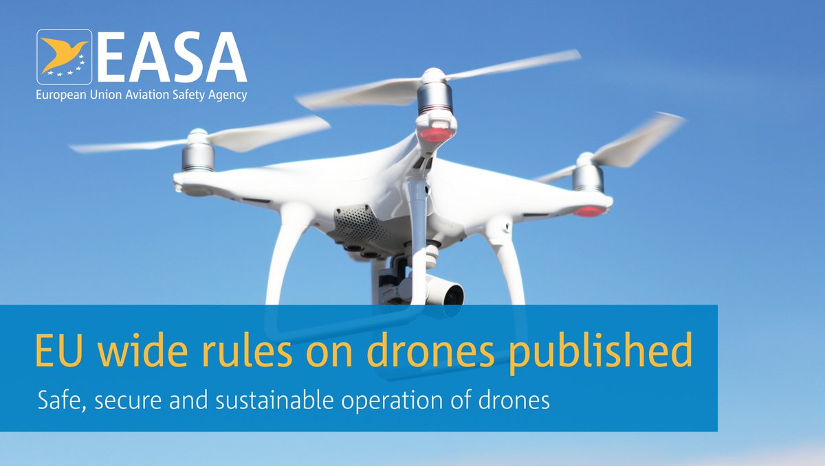 EU wide rules on drones published to ensure safe, secure and sustainable operation of drones in Europe. easa.europa.eu/newsroom-and-e… #easa #easadrones #AviationStrategyEU