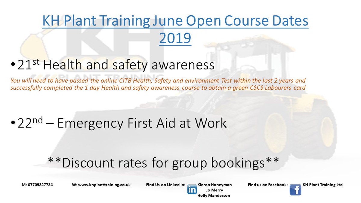 KHPlantTraining's tweet image. Do you or your employees need emergency first aid training? Is your health and safety awareness CSCS green card due to expire?

Contact me on 07709827734 or joanne@khplanttraining.co.uk for further details
#emergencyfirstaid
#healthandsafetyawareness
#greencscscard
#construction