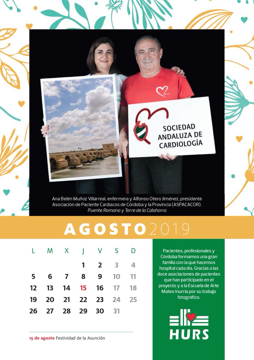 HUReinaSofia's tweet photo. ☀🗓 ¡Bienvenido, #agosto! ¡Te recibimos con nuestra #enfermera Ana Belén Muñoz y el presidente de #ASPACACOR Alfonso Otero con esta bonita imagen del #PuenteRomano en el calendario del @HUReinaSofia! https://t.co/X3pFahoYHA