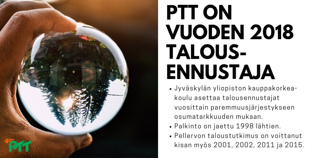 PTTfi's tweet image. Pellervon taloustutkimus on vuoden 2018 talousennustaja! Tunnustus tarkimmalle talousennusteiden laatijalle jaettiin juuri Jyväskylässä taloustutkijoiden kesäseminaarissa. Kiitos, @jyu_jsbe #jsbe
