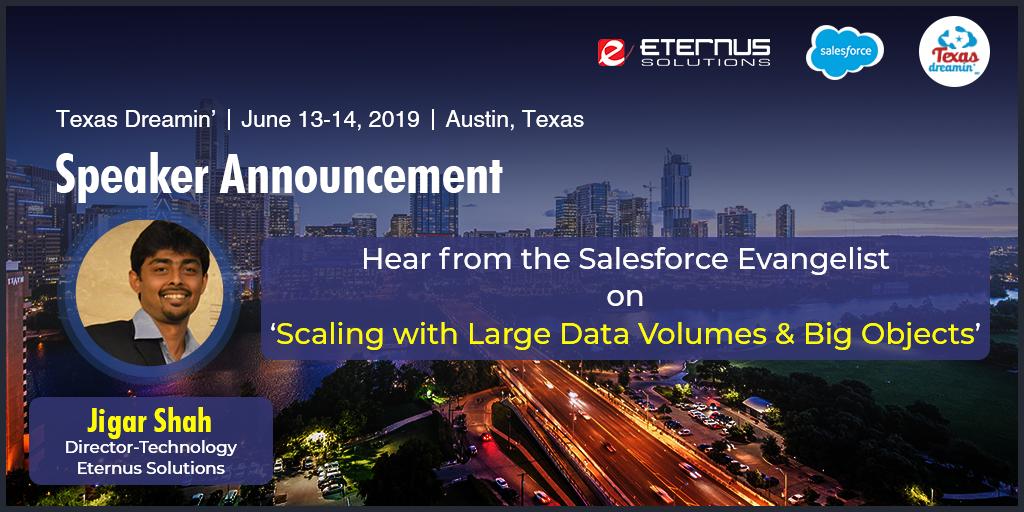 'Speaker Announcement'
We will be in #Texas this 13th & 14th June for #texasdreamin. Stay tuned to listen @jigarshah189 as he's going to uncover the aspects of escalating volumes of data and big objects in his session during the event.

#Salesforce #salesforceohana