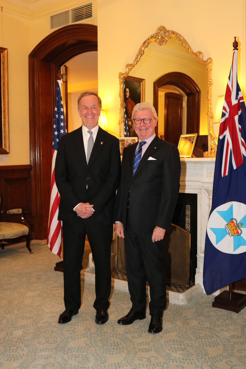 QldGovernor's tweet photo. His Excellency and Mrs de Jersey have welcomed to #Fernberg the Ambassador of the United States of America to Australia, His Excellency Arthur B. Culvahouse Jr #AusUS, on his first official visit to Queensland. https://t.co/idder16VGt