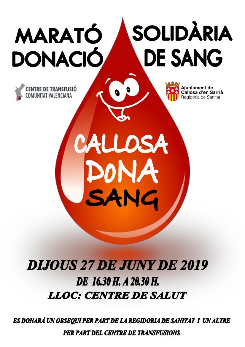 Callosa d'en Sarrià celebra el pròxim 27 de juny la quarta Marató Solidària de Donació de Sang. bit.ly/2wKYpFf
#CallosadenSarria #DonaciónSangre #MaratóSolidariaDonacióSang #CallosaDonaSang