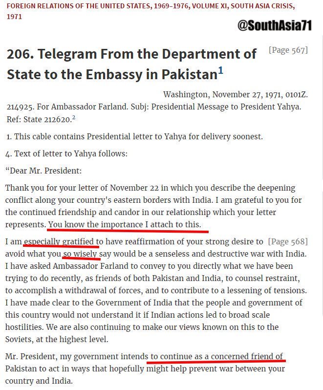 SouthAsia71's tweet photo. [8] Nixon was keen to let Yahya know that the US had placed the onus upon India to de-escalate tension- Nov 27 1971. https://t.co/G93jLcOJlQ