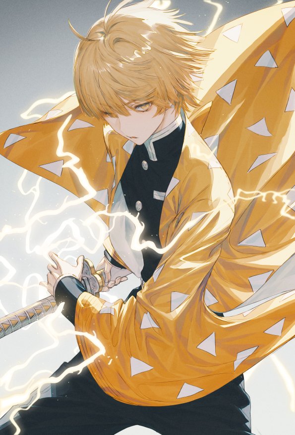 1boy weapon demon slayer uniform male focus sword solo blonde hair  illustration images