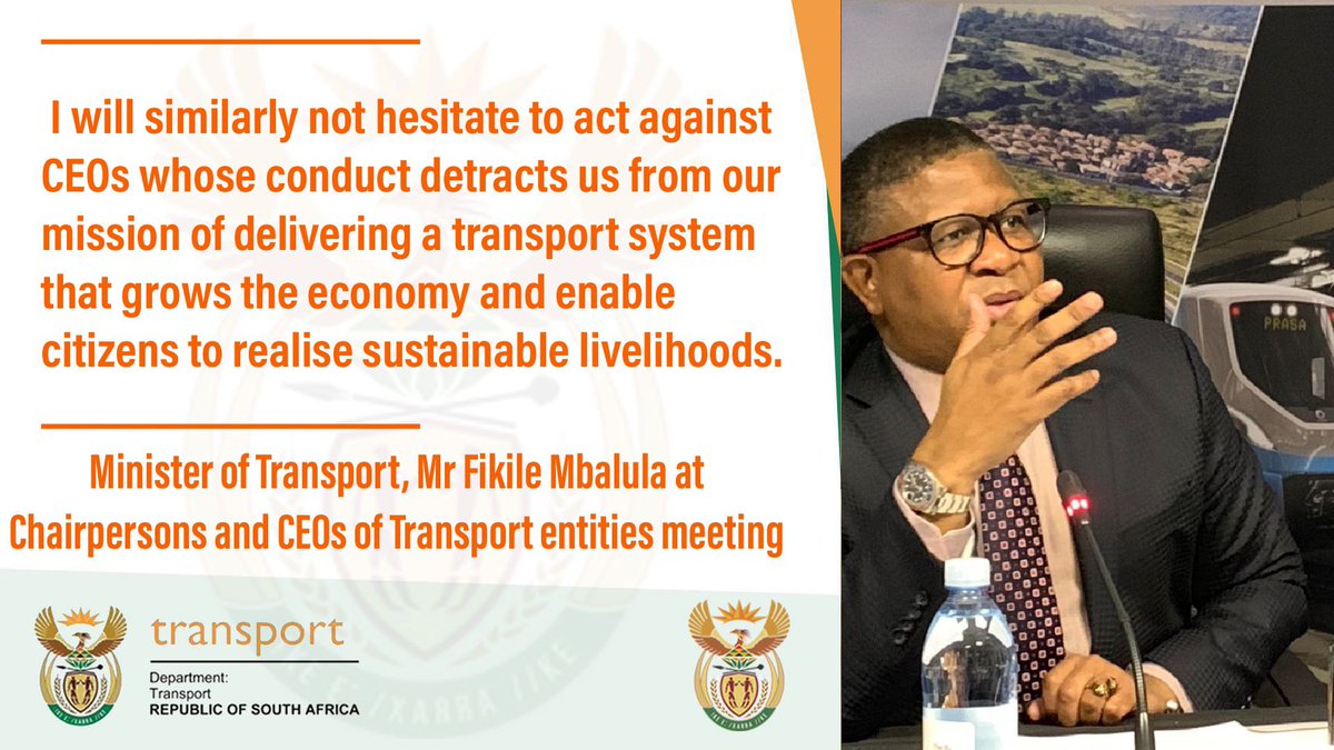 MbalulaFikile's tweet photo. I will similarly not hesitate to act against CEOs whose conduct detracts us from our mission of delivering a transport system that grows the economy and enable citizens to realise sustainable livelihoods. https://t.co/GgFHgu4uf4