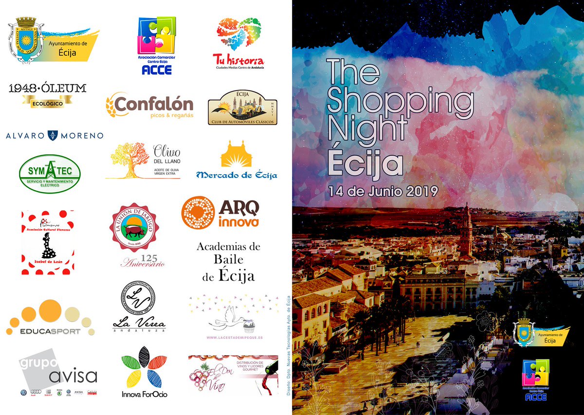 aytoecija's tweet photo. #AyuntamientoÉcija

PROGRAMACIÓN DE ACTIVIDADES SHOPPING NIGHT VIERNES 14. ¡Te esperamos! 🌃🌙

El Ayuntamiento de #Écija organiza la VI Shopping Night
el próximo viernes 14 de junio a partir de las 9 de la noche.
Ver la programación en: https://t.co/96PHHmv0Ke https://t.co/6K8p87y36B