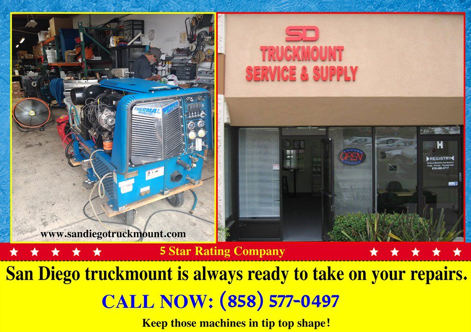San Diego Truckmount is always ready to take on your repairs. 
 
 Keep those machines in tip top shape! Get that scheduled. 
 
 CALL: (858) 577-0497 
 SAN DIEGO, CA

sandiegotruckmount.com