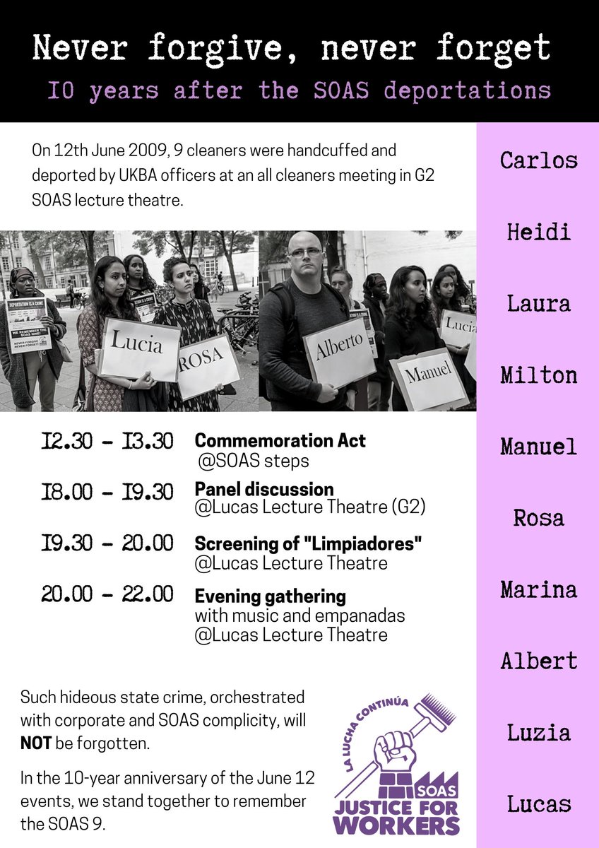 SOASUNISON's tweet image. 12 June marks the 10th anniversary of the arrest and subsequent deportation of 9 SOAS cleaners, our colleagues and UNISON members. Workers who were targeted because they stood up and organised for better working lives. Tomorrow we stand together to remember the #SOAS9. Join us!