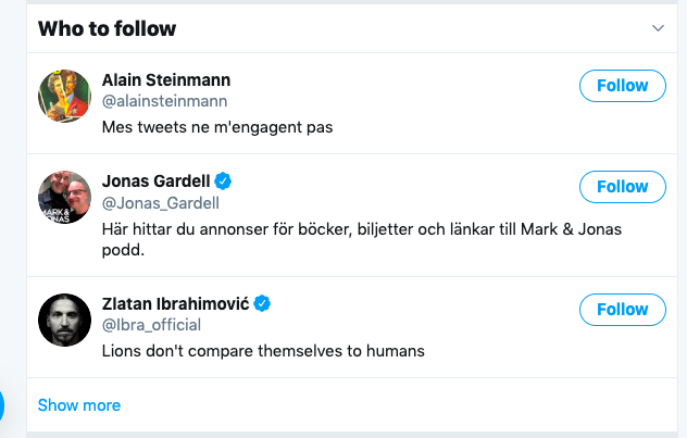 Baam's tweet photo. According to Twitter, just me being in Sweden must mean I now need to follow Zlatan... #targetingfails #sweden https://t.co/4OHoLY4vW4