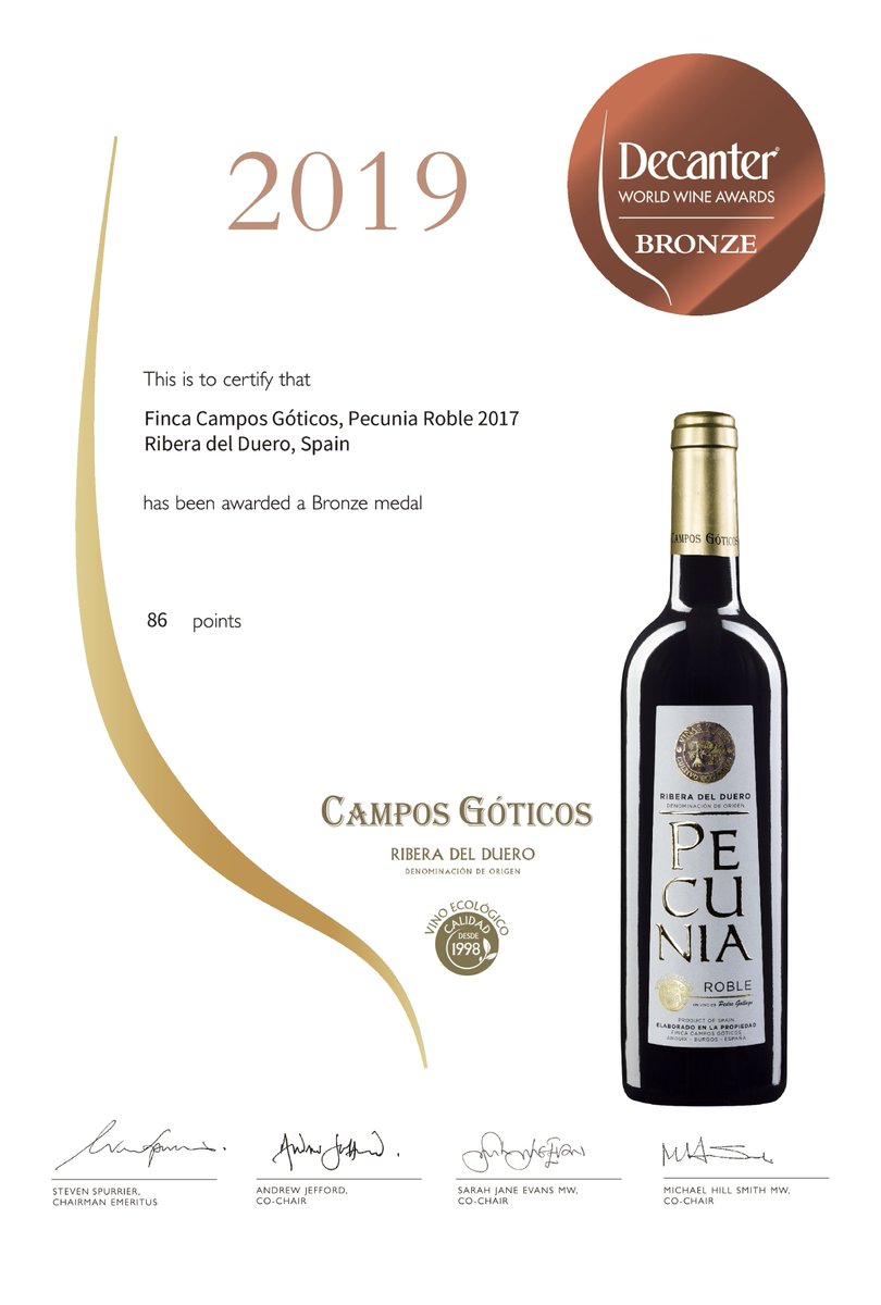 ❌❌Anuncio❌❌

¡Hoy en Campos Góticos, #RiberaDelDuero, estamos de enhorabuena! 

Pecunia Roble 2017 ha sido premiado en los prestigiosos <a href="/Decanter/">Decanter</a> World Wine Awards

¡Brindamos por ello! 🥇🍷

Innovación para preservar la tradición.

#Eco #Prizes #wine #vino #vin #winelovers