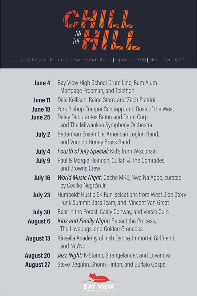 SenChrisLarson's tweet image. Chill on The Hill (Bay View's weekly Tuesday night concert series) is tonight at the Humboldt Park Band-shell. Come out and support musicians and the arts. It is always a great time!