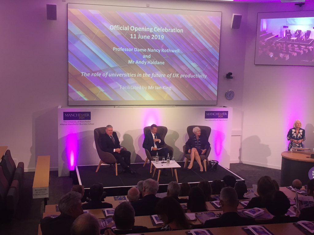 AllianceMBS's tweet image. Excited to hear our panel @IanKingSky, Dame Nancy Rothwell and Andy Haldane discuss the role of universities in improving productivity at our new building launch this evening #yournewAMBS