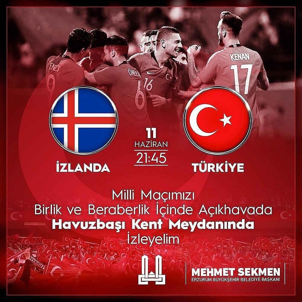 A Millilerimizi İzlanda karşılaşmasında yalnız bırakmıyoruz. Bugün saat 21:45'te,  Havuzbaşı Kent Meydanı'nda, omuz omuza, tek yürek tek bilek oluyoruz. Tüm vatandaşlarımızı bekliyoruz.

#Türkiyem🇹🇷
#Millitakım
#TürkiyeninMacıVar
#Türkiye
#Erzurum
