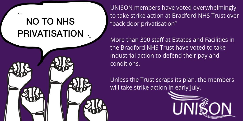 unisonyh's tweet photo. ✊✊✊Amazing result from @unisontweets members working in Estates and Facilities at Bradford NHS Trust. Over 70% turnout and a whopping 96.8% in favour of strike action to keep their NHS employment. https://t.co/rCPROnT8Ul