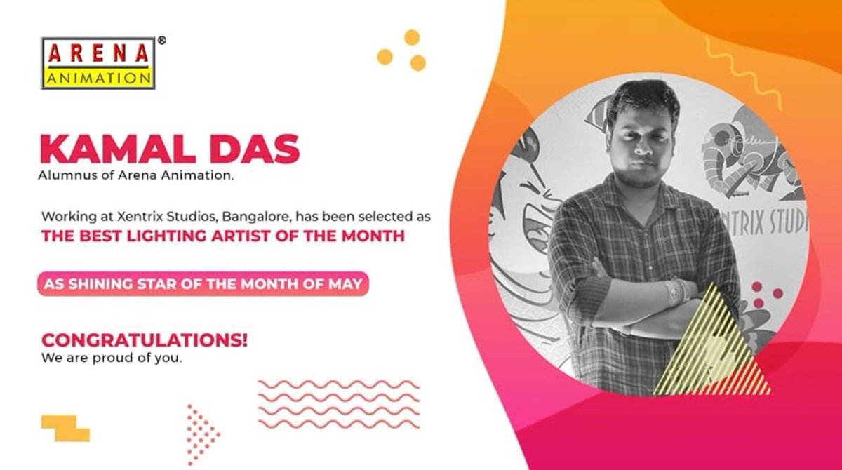 Animation_Arena's tweet photo. The winning streak of Arena Alumni continues! Arena Alumnus Kamal Das, who is currently working at #XentrixStudios, Bangalore, has been selected as the Best Lighting Artist of the Month – SHINING STAR OF THE MONTH OF MAY.
#ArenaAnimation #CreativeFuture https://t.co/fXNcZNVrHg