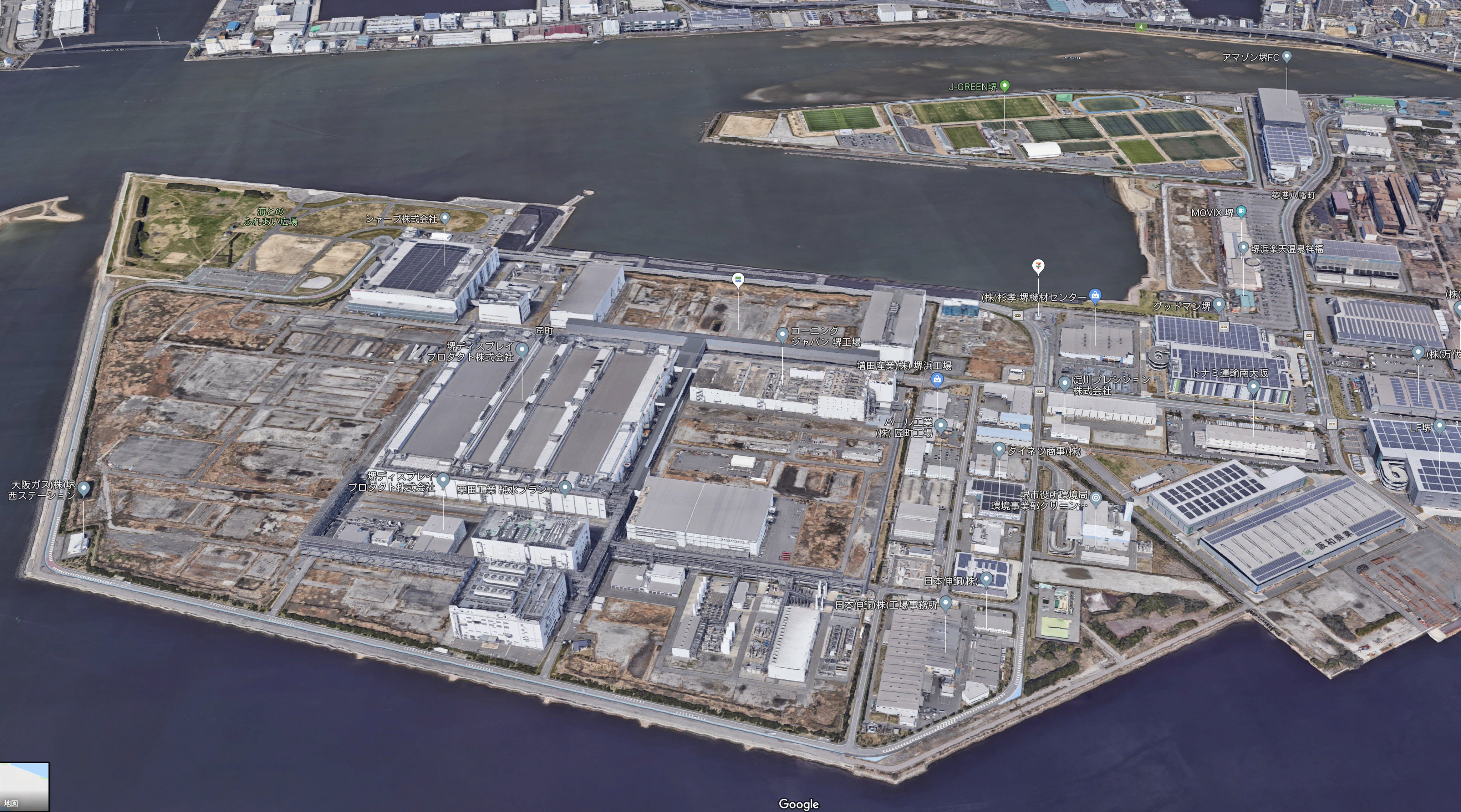 Syin Jp 大和川河口と堺浜 巨大ディスプレイ工場のあるところはシャープ グリーンフロント堺 殆どが空き地 Movix堺に J Green 隣のamazonの巨大倉庫も小さく見える広さ この地域がいよいよ活きてくる T Co Isa47a7fp7 Twitter