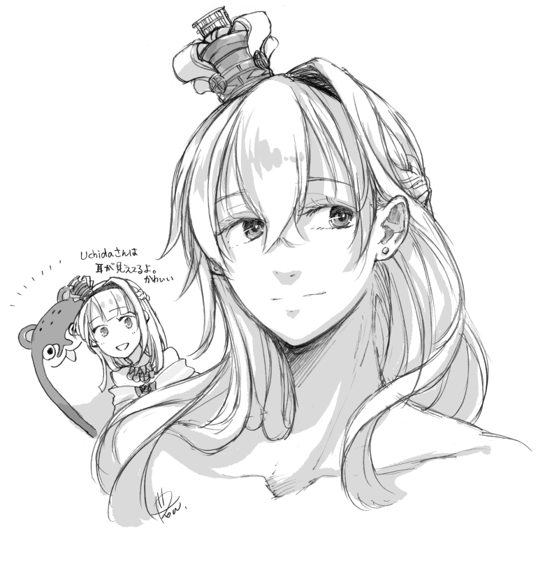 warspite (kancolle) greyscale monochrome mini crown braid crown french braid jewelry  illustration images