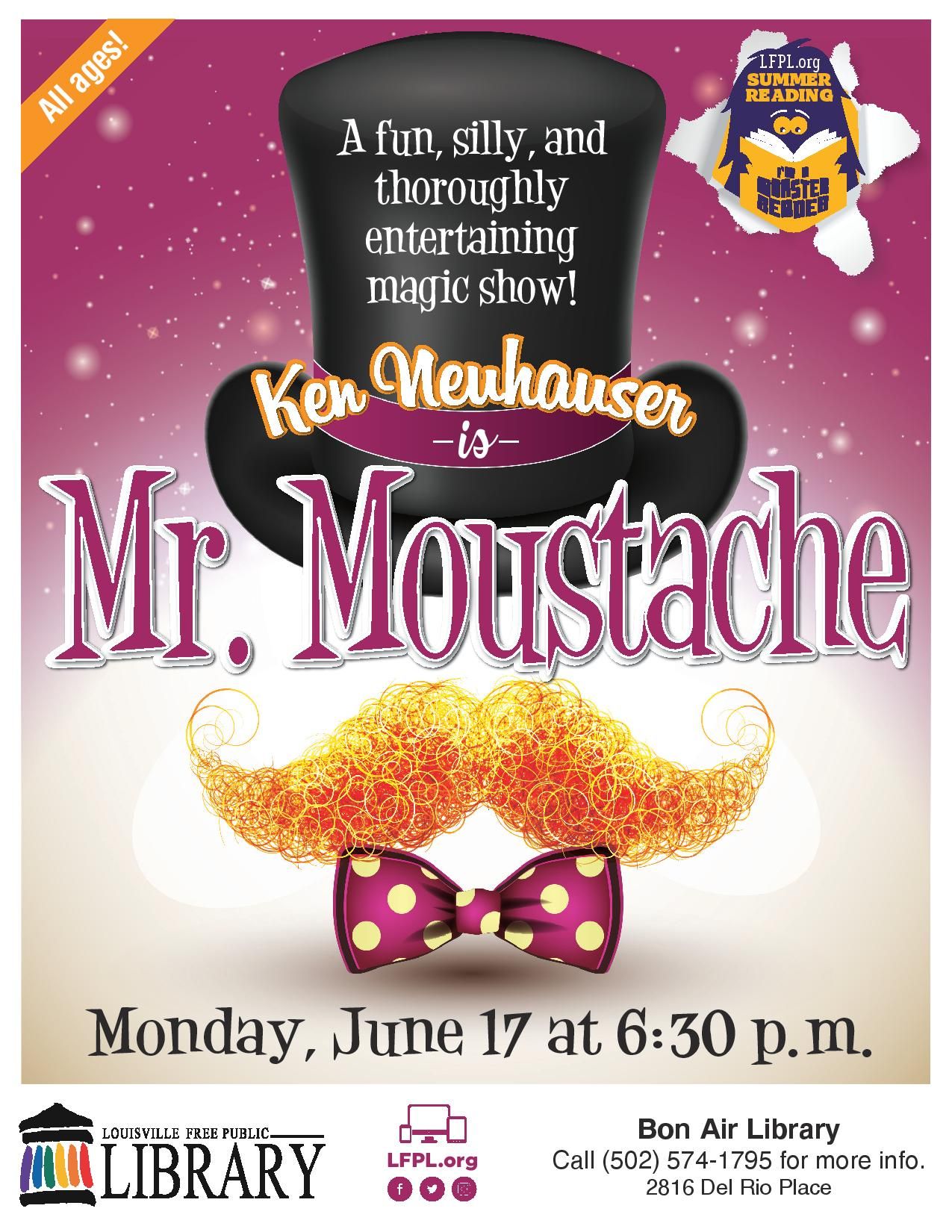 LFPL on X: Fun, silly and thoroughly entertaining, Mr. Moustache returns  to the Bon Air branch, this Monday at 6:30pm. All ages are welcome to this  free, interactive magic show! #LFPLKids  /