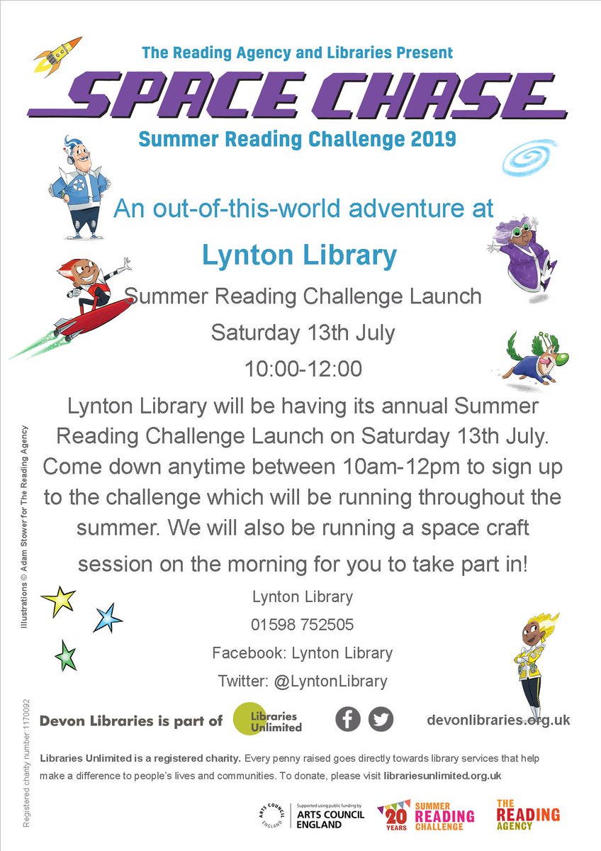 Its nearly that time again, Summer Reading Challenge launch here on Saturday 13th July 10am-12pm. <a href="/LyntonLibrary/">Lynton Library</a> <a href="/woody_bay/">Lynton & Barnstaple</a> @LyntonLynmouth <a href="/Lyntoncinema/">Lynton Cinema</a>