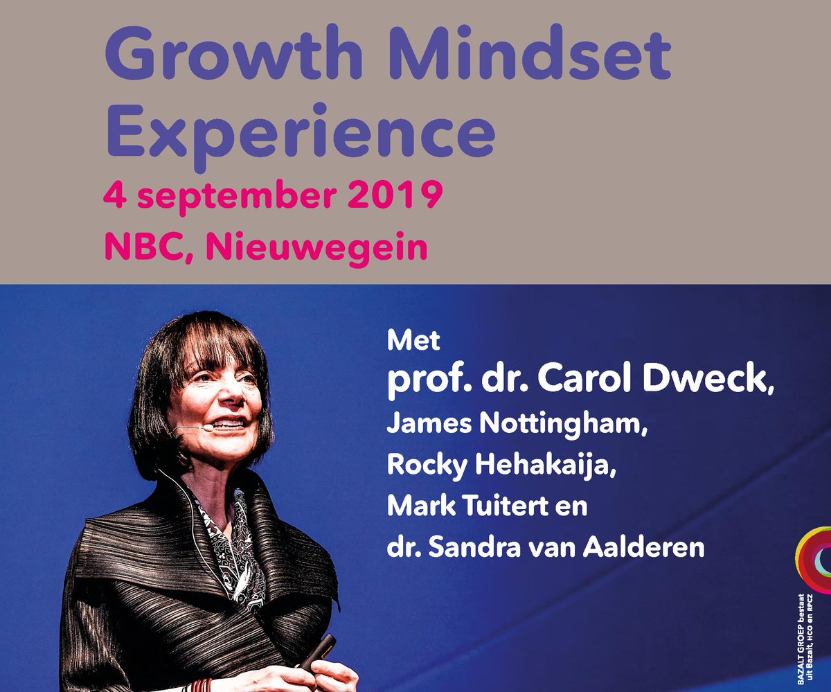 Pak u kans om uw eigen Growth Mindset te stimuleren. In een aantal praktische sessie (van <a href="/JamesNottinghm/">James Nottingham</a>, @Rockende, <a href="/marktuitert/">Mark Tuitert</a>, <a href="/sanvanaalderen/">sandra van aalderen</a>) geven we u tips en voorbeelden om met een #GrowthMindset te denken, reageren en handelen. 
Meer informatie? aanmelder.nl/caroldweck