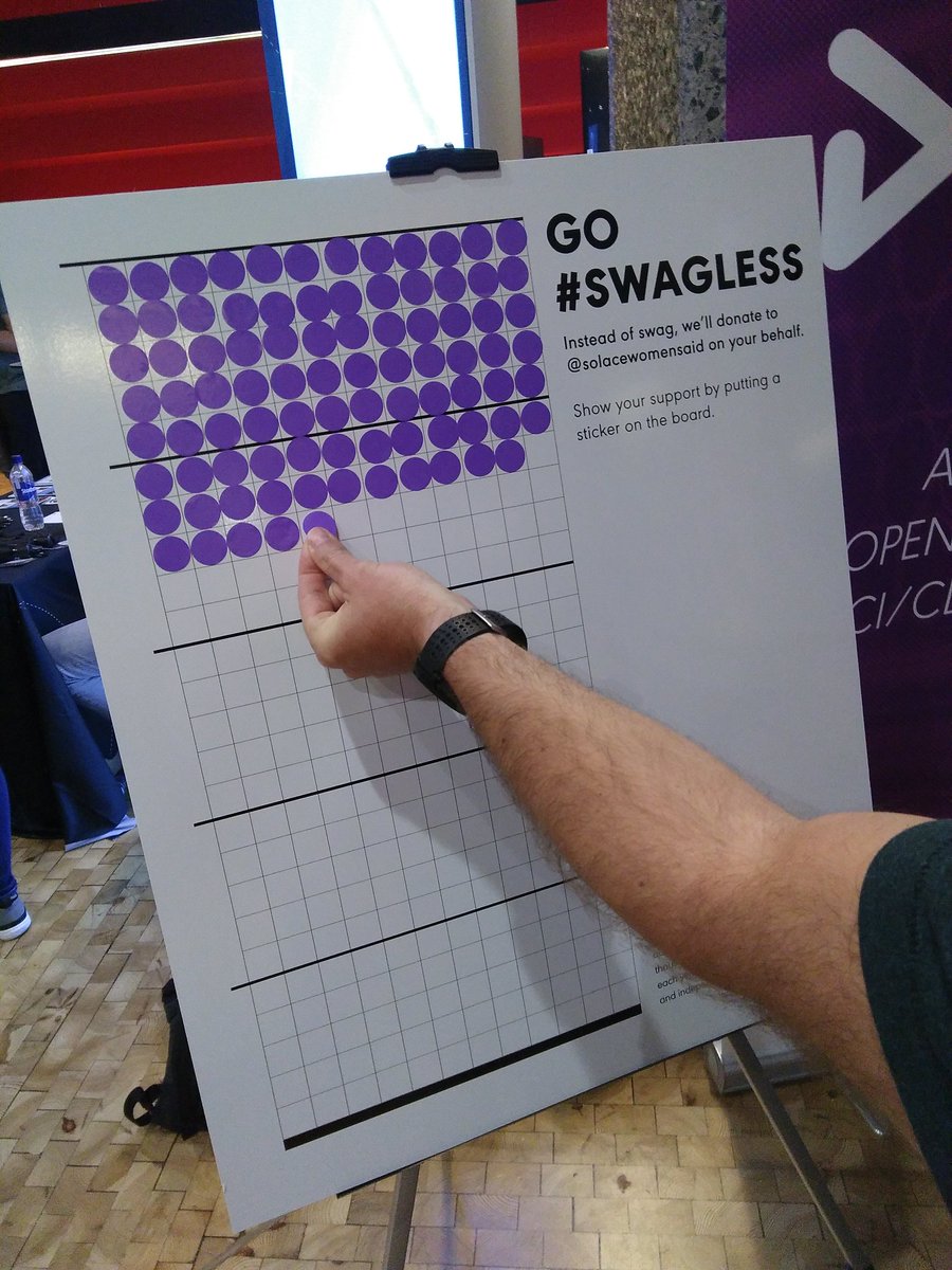 Eco Conference hack #2: go #swagless! Great alternative from Go by <a href="/thoughtworks/">Thoughtworks</a> who are donating to <a href="/SolaceWomensAid/">Solace Women's Aid</a> for every person who puts a sticker instead of collecting swag. #LeadDevLondon