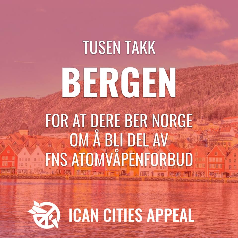 Bare to dager igjen! På torsdag feires det at Bergen #beby tilsluttet seg ICANs opprop #citiesappeal til støtte for FNs #atomvåpenforbud #nuclearban #TPNW. Kom til .@nfteater for å få med deg feiring og overrekkelse av diplom! #icansave #barn #talenter facebook.com/events/2365216…