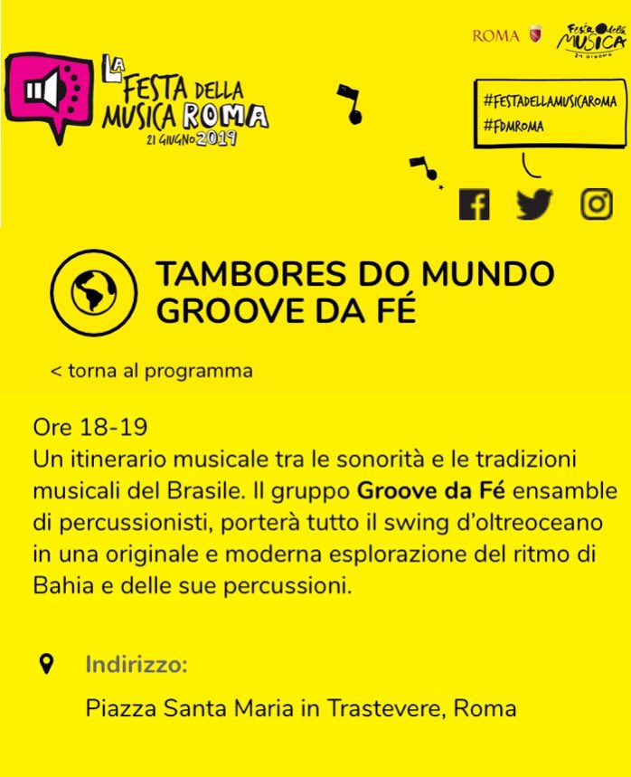 Tambores do mundo a Roma. #GroovedaFé vi aspetta a #Trastevere il #21giugno per la #festadellamusicaroma #percussioni #Brasile #fdmroma