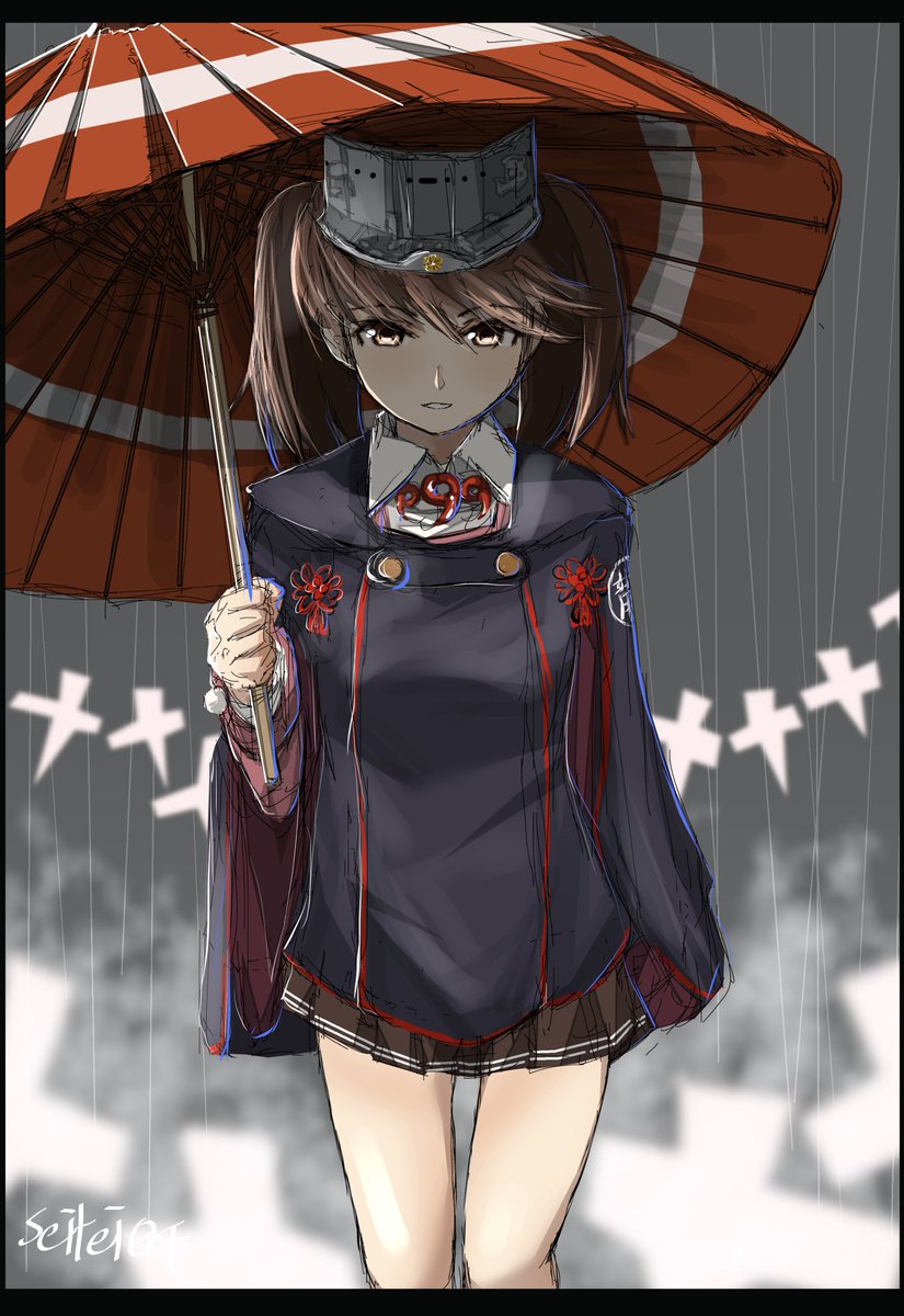 ryuujou (kancolle) 1girl solo brown hair umbrella twintails visor cap skirt  illustration images