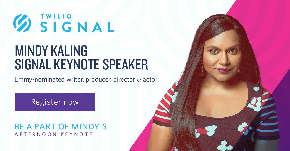 twilio's tweet photo. We're thrilled to welcome Emmy-nominated writer, producer, director, actor and New York Times bestselling author Mindy Kaling as a keynote speaker at #SIGNALconf, August 6-7! Register today! https://t.co/L7dKWHDskH https://t.co/aomUjC3nA6