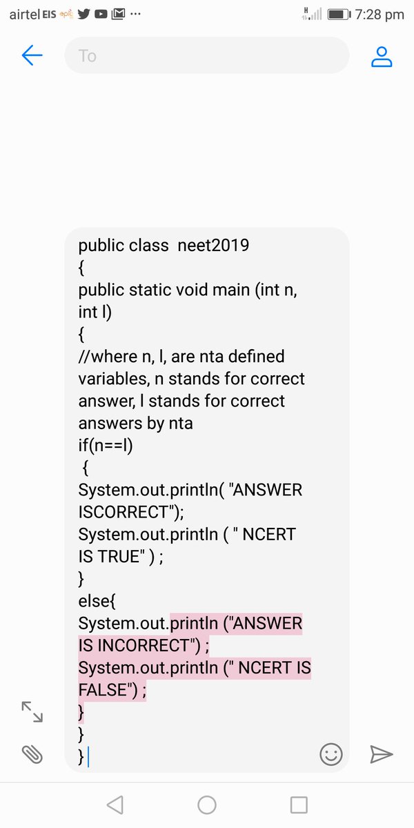 silverf95022189's tweet photo. DID THIS ENTIRE CODING ON TWITTER ITSELF..... SPACE ISSUES.... HAD TO COPY IN TEXT MESSAGES. GUYS IT SEEMS NTA DIDN'T UNDERSTAND WHAT WE WERE IMPLYING TO FOR LAST 5 DAYS....
TRIED EXPLAINING USING JAVA THIS TIME"WE WILL #HUSTLE.... WE WON'T GIVE UP" #TuesdayThoughts https://t.co/OsFcZALZIS