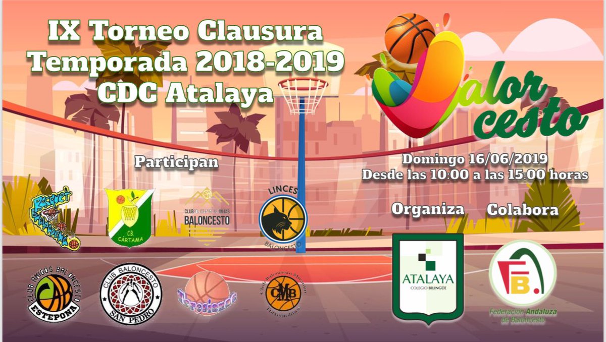 CDC Atalaya (@cdc_atalaya) on Twitter photo Domingo día 16 de junio celebraremos nuestro tradicional Torneo Clausura de la Temporada. En horario de mañana desde prebabys hasta Infantiles. Participan <a href="/cbbbenalmadena/">Club Básquet Benalmádena</a> <a href="/CBSanPedro/">C.B. San Pedro</a> <a href="/CB_Cartama/">C.B. Cártama</a> <a href="/cpmijas/">CPMIJAS</a> <a href="/LincesBasketSP/">Linces Baloncesto San Pedro Alcántara</a> <a href="/CABESTEPONA/">C.A.B. ESTEPONA</a> <a href="/CDB_Teresianas/">CD BelaireTeresianas</a> <a href="/MiramarCB/">CB Miramar</a> Colabora <a href="/FAB_Malaga/">FAB Málaga</a> Domingo día 16 de junio celebraremos nuestro tradicional Torneo Clausura de la Temporada. En horario de mañana desde prebabys hasta Infantiles. Participan <a href="/cbbbenalmadena/">Club Básquet Benalmádena</a> <a href="/CBSanPedro/">C.B. San Pedro</a> <a href="/CB_Cartama/">C.B. Cártama</a> <a href="/cpmijas/">CPMIJAS</a> <a href="/LincesBasketSP/">Linces Baloncesto San Pedro Alcántara</a> <a href="/CABESTEPONA/">C.A.B. ESTEPONA</a> <a href="/CDB_Teresianas/">CD BelaireTeresianas</a> <a href="/MiramarCB/">CB Miramar</a> Colabora <a href="/FAB_Malaga/">FAB Málaga</a>