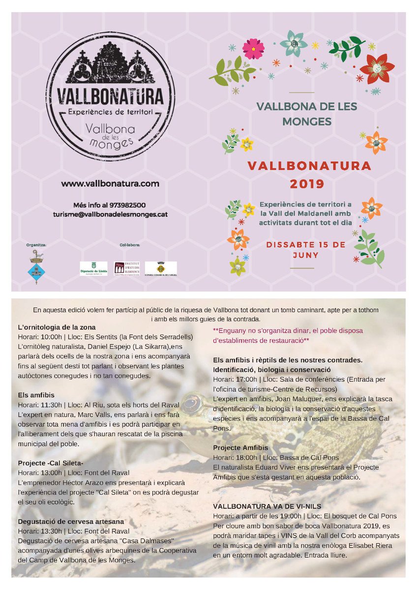 Aquí teniu el programa sencer de #Vallbonatura per a que programeu bè la vostra assistència a tota la jornada. No heu passat mai un dia a Vallbona de les Monges？Aquest dissabte és el vostre dia! <a href="/DiputacioLleida/">Diputació de Lleida</a> <a href="/aralleida/">Ara Lleida</a> <a href="/SIKARRANOSTRA/">SIKARRA NOSTRA</a> <a href="/CasaDalmases/">Casa Dalmases</a> <a href="/analec1/">CELLER ANALEC</a> <a href="/VinsdelRiuCorb/">Vins del Riu Corb</a>