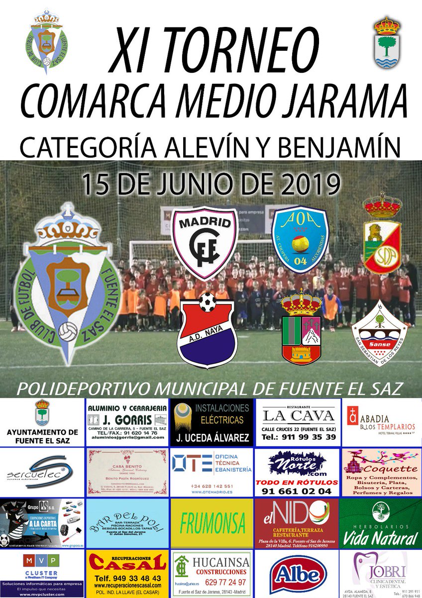 cffsaz's tweet photo. XI TORNEO COMARCA MEDIO JARAMA - Sábado 15 de Junio

Damos las gracias por participar a nuestros amigos de @MadridCFF @alcobendas04 @UDSanse @rsda_oficial @adnaya1974  #ElCasar

Habrá sorteos, diversión y paella a precios populares!!! Te esperamos, no faltes!!!

#VamosFuente https://t.co/Wpcg5cT0OZ