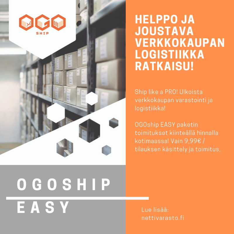 Boom 💥

Nyt voit ulkoistaa verkkokaupan logistiikan kiinteeän hintaan! Ennakoi kulut ja starttaa vaikka heti 👌

#verkkokauppa #NettiVarasto #3PL #TPL #thirdpartylogistics #logistiikka #tilaustenkäsittely #kasvukumppani #fulfilledbyOGOship
#OGOshipEASY