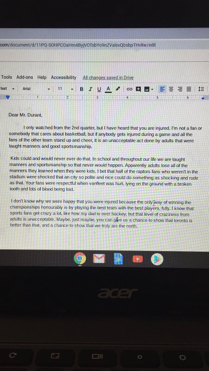 MsSEmmett's tweet photo. This morning the students are working on messages of support and apologies to @warriors Kevin Durant. The behaviour of fans in the stands last night was so disappointing to all other @Raptors fans across the country. #wearebetterthanthat #sorryKD #kidsknowbetter @PeelSchools https://t.co/s6LkrpWwEd