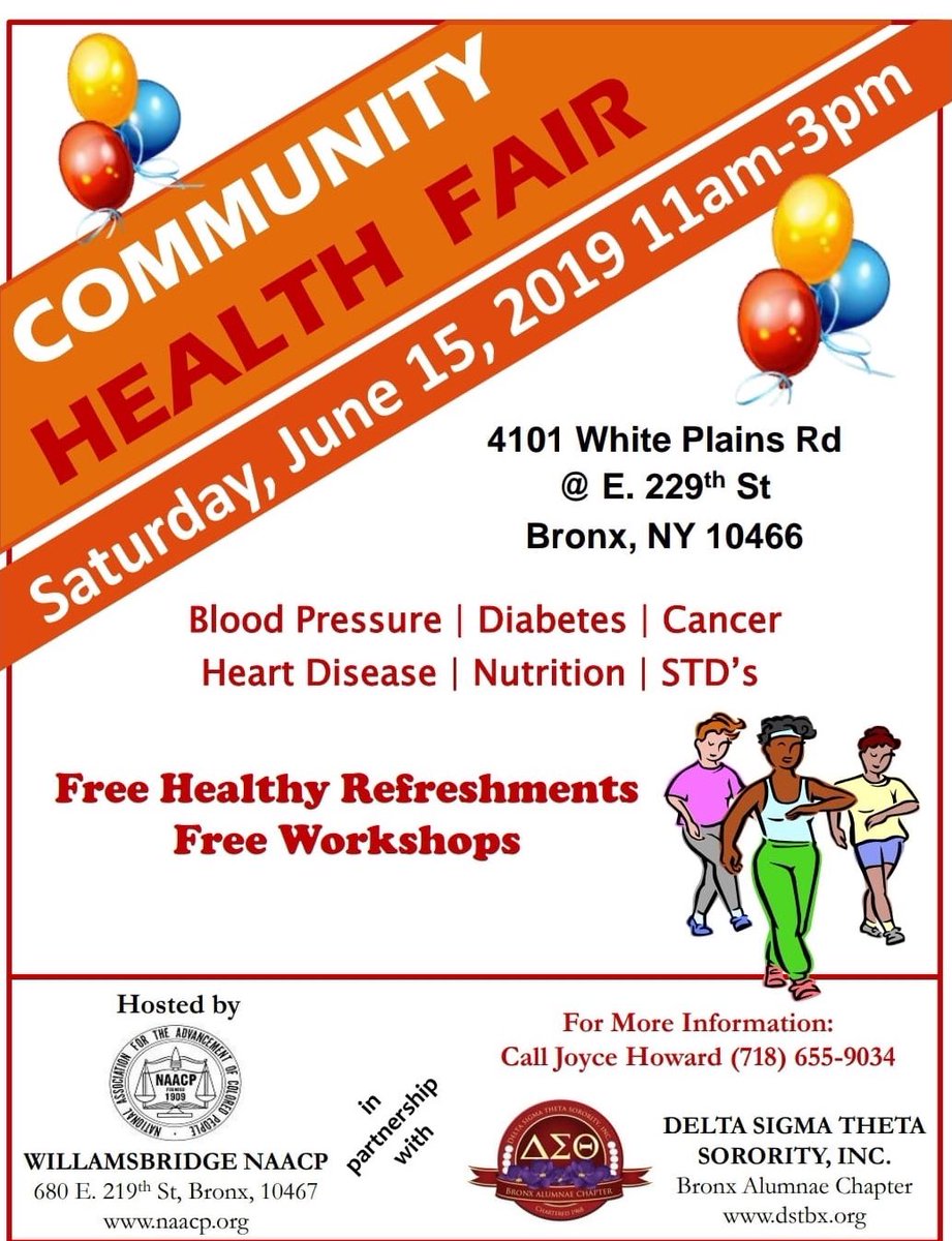 Join us and #NAACP-Williamsbridge for our annual Community Health Fair, Sat, 6/15/19 at 4101 White Plains Road, Bx, NY.

FREE:
-Blood Pressure Screenings
-Blood Sugar Testing &amp;
-Information on relevant issues affecting our community
#BxACDST #DST1913 #TheEast #DST106
