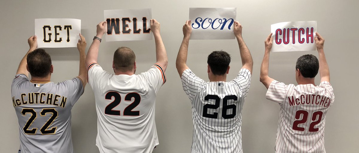 JohnCMcCutchan's tweet photo. 4 friends - @Pirates @SFGiants @Yankees @Phillies fans with a message for @TheCUTCH22 @MLBNetwork @IntentionalTalk https://t.co/Rr0qncSCaU