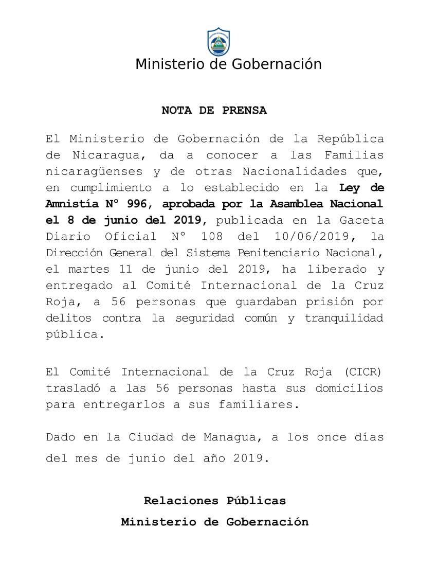 Nota de prensa del Ministerio de Gobernación sobre personas liberadas, en el marco de la Ley de Amnistía y No Repetición.