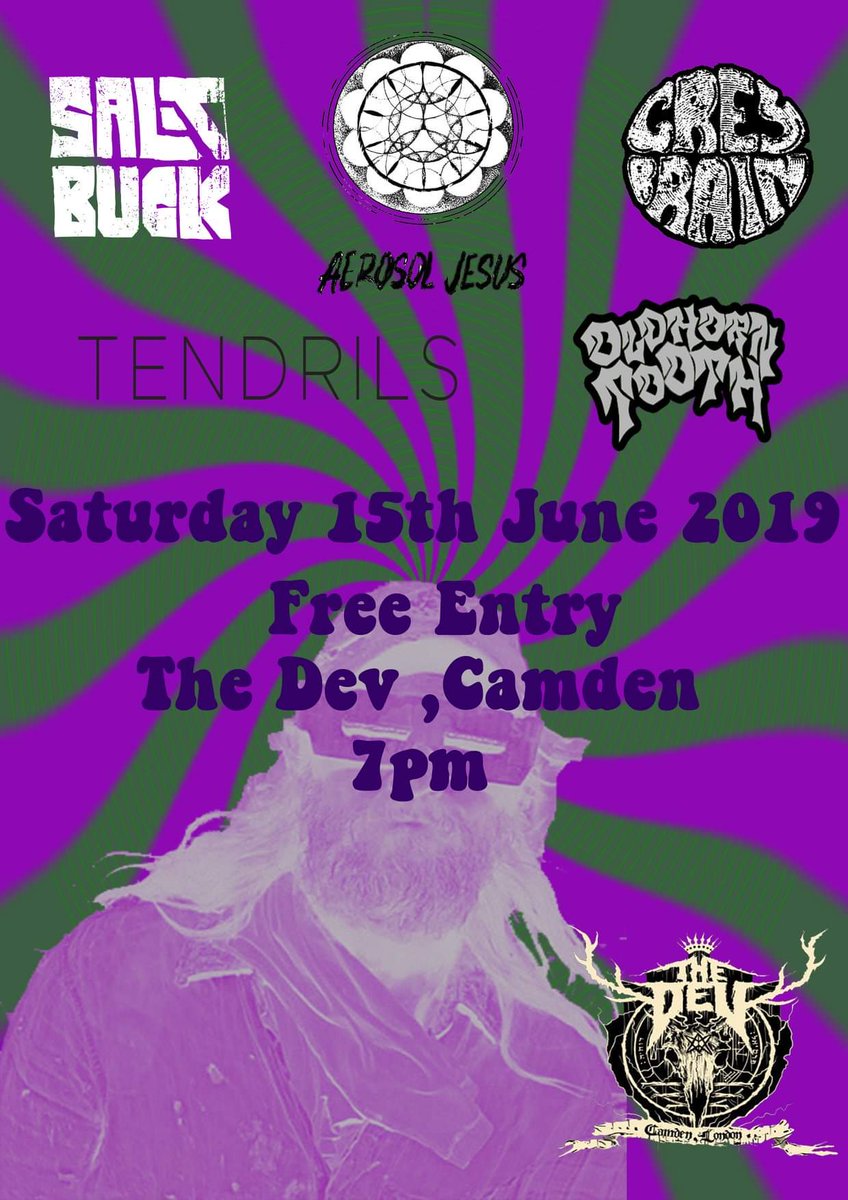 This Saturday at The Dev in Camden! Brace yourselves for possibly the heaviest and most rancid night this year! Sharing stage with <a href="/oldhorntooth/">Old Horn Tooth</a>, Tendrils, Grey Brain and Aerosol Jesus. 
FREE ENTRY.