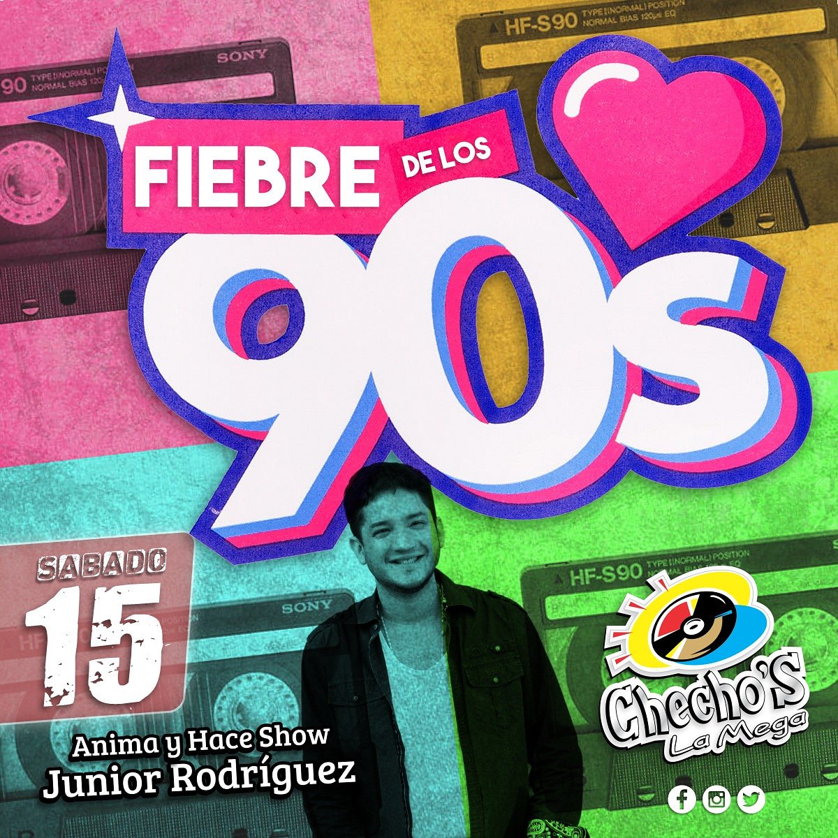 ChechosLaMega's tweet photo. SÁBADO  15/06 

Te lo pensas perder??? Volvemos con la FIEBRE DE LOS 90s🎉🎊🕺💃 con la animación y show de @rrodriguezjr

Info y reservas al WhatsApp 0981 602 551

#ChechosLaMega 
#FiebreDeLos90s https://t.co/JXSnza5jiT
