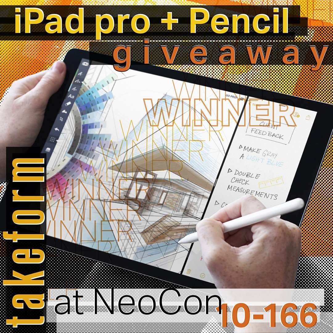 Takeform's tweet photo. Stop by our showroom, 10-166 @ #NeoCon2019, enter 4 an @apple iPad & pencil. Giveaway during r party today 2-5:30. Also look at r #BestofNeoCon Gold winning Lucid, Refined #Signage. @NeoCon_Shows @contractmag #experientialgraphics #wayfinding #TakeformOn10 https://t.co/Rukqo2PSm4 https://t.co/LftrDhinn3