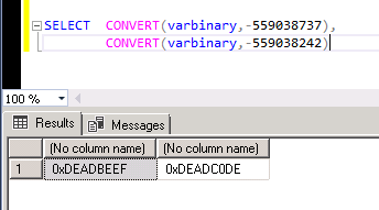 DenisGobo's tweet photo. Ah yes.. these are always fun HexSpeak magic values
SELECT CONVERT(varbinary,-559038737),
CONVERT(varbinary,-559038242)
#Sqlserver #magicvalues #HexSpeak https://t.co/8GLIENlQzc