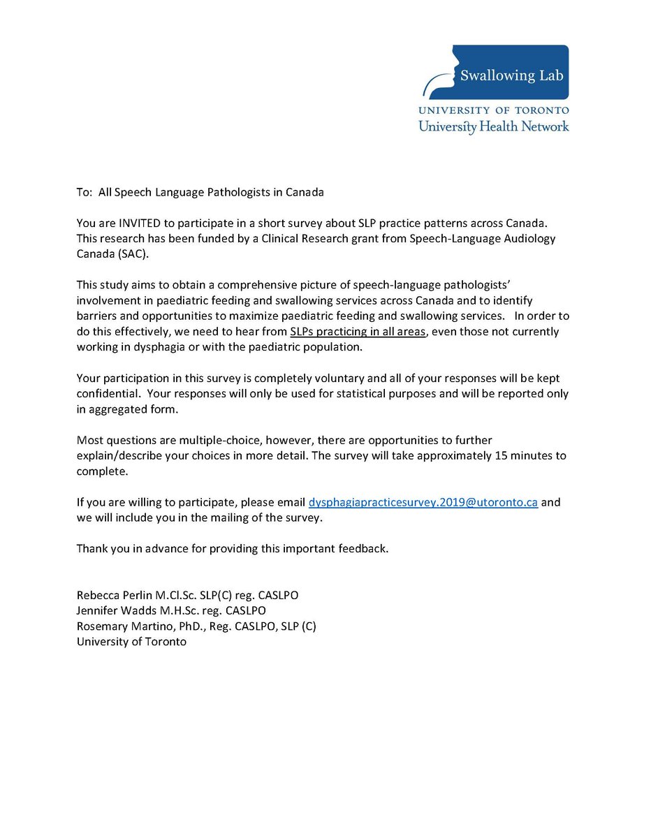 Are you a Speech Language Pathologist currently practicing in Canada? If so, the Swallowing Lab would like to hear from you. Please read our letter below for more details. Thanks! cc <a href="/MartinoUofT/">Rosemary Martino</a>