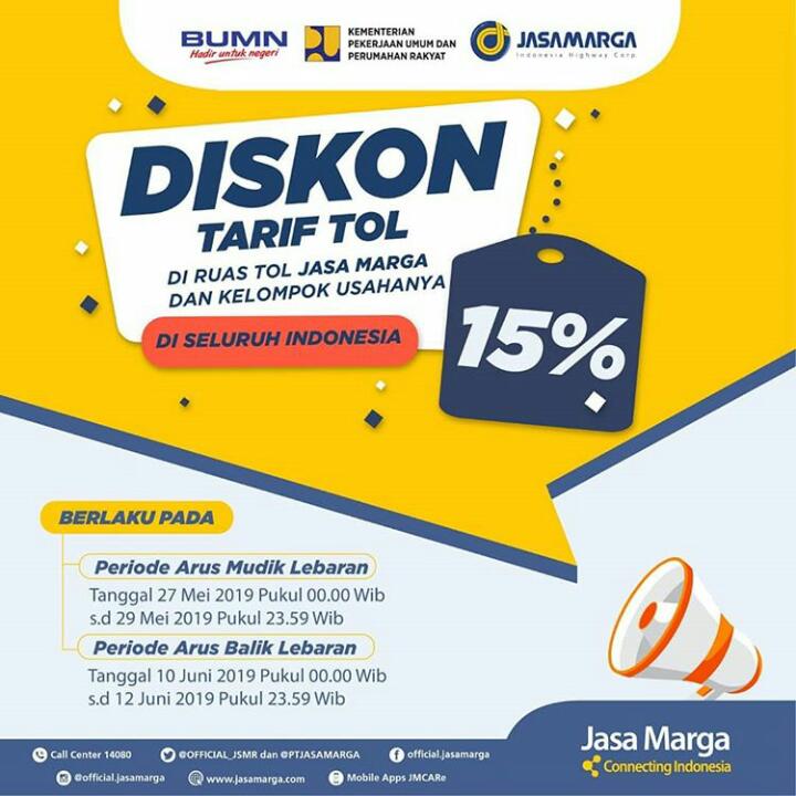 Diskon Tarif Tol 15% di Ruas Jalan Tol Jasa Marga dan kelompok usaha. Periode Arus Balik Tanggal 10 Juni s.d 12 Juni 2019 Pukul 00.00 - 24.00 WIB.